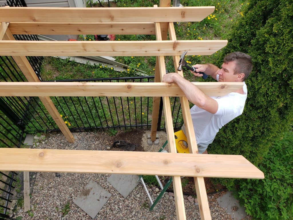 Upgrading property by installing outdoor gazebo made from red cedar wood, home improvement project